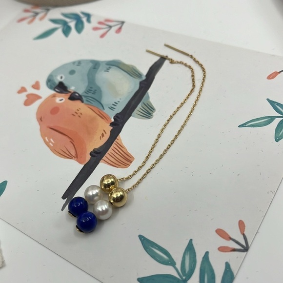 14K Gold Mexico Stamped Threader Earrings with Lapis Lazuli and Pearl Beads - Picture 4 of 11